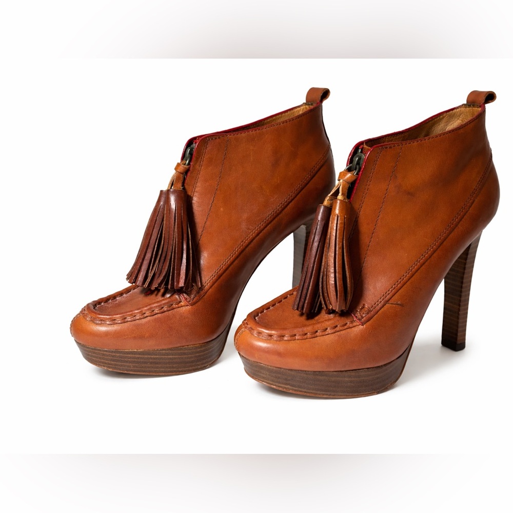 Coach Cary Platform Ankle Booties Legacy Collection Cognac Leather w/ Tassel Zip - Picture 2 of 13